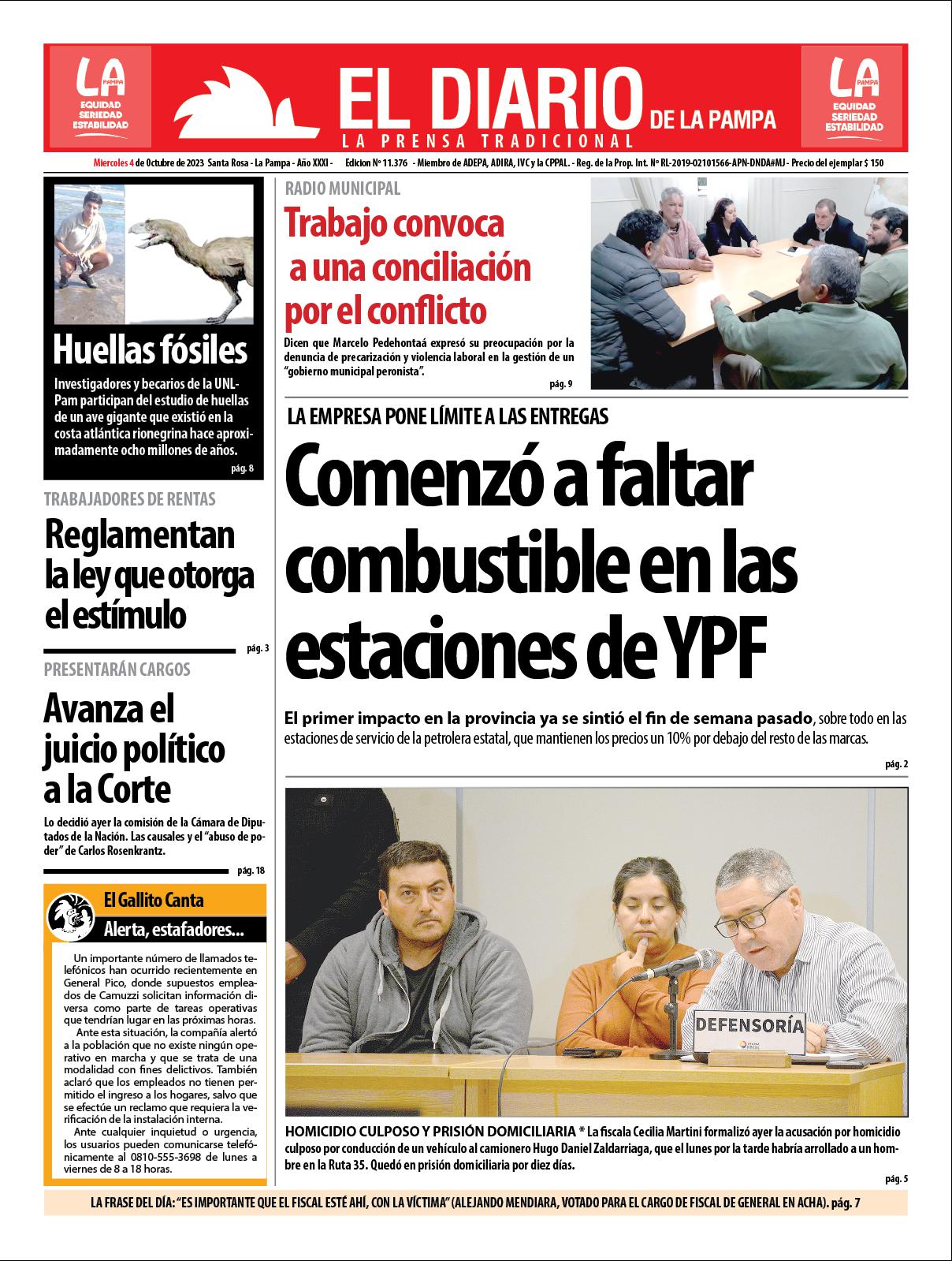 Tapa de El Diario en papel  mieacutercoles 04 de octubre de 2023